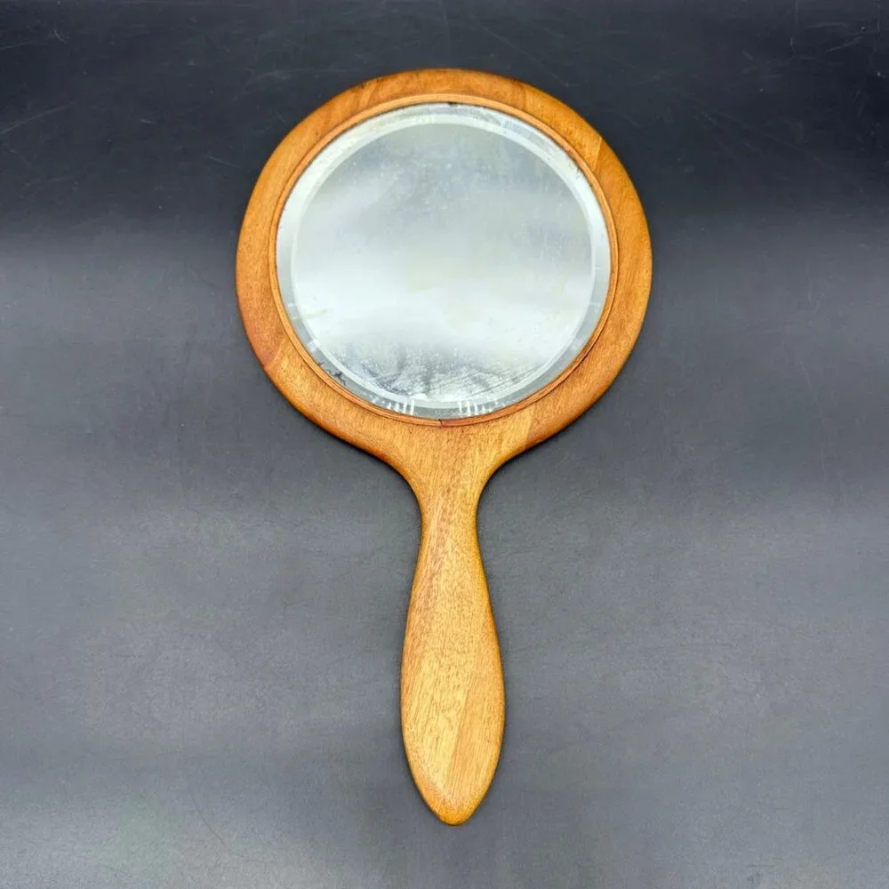 Vintage Handheld Wooden Vanity Mirror Beveled Glass Retro Bathroom Decor